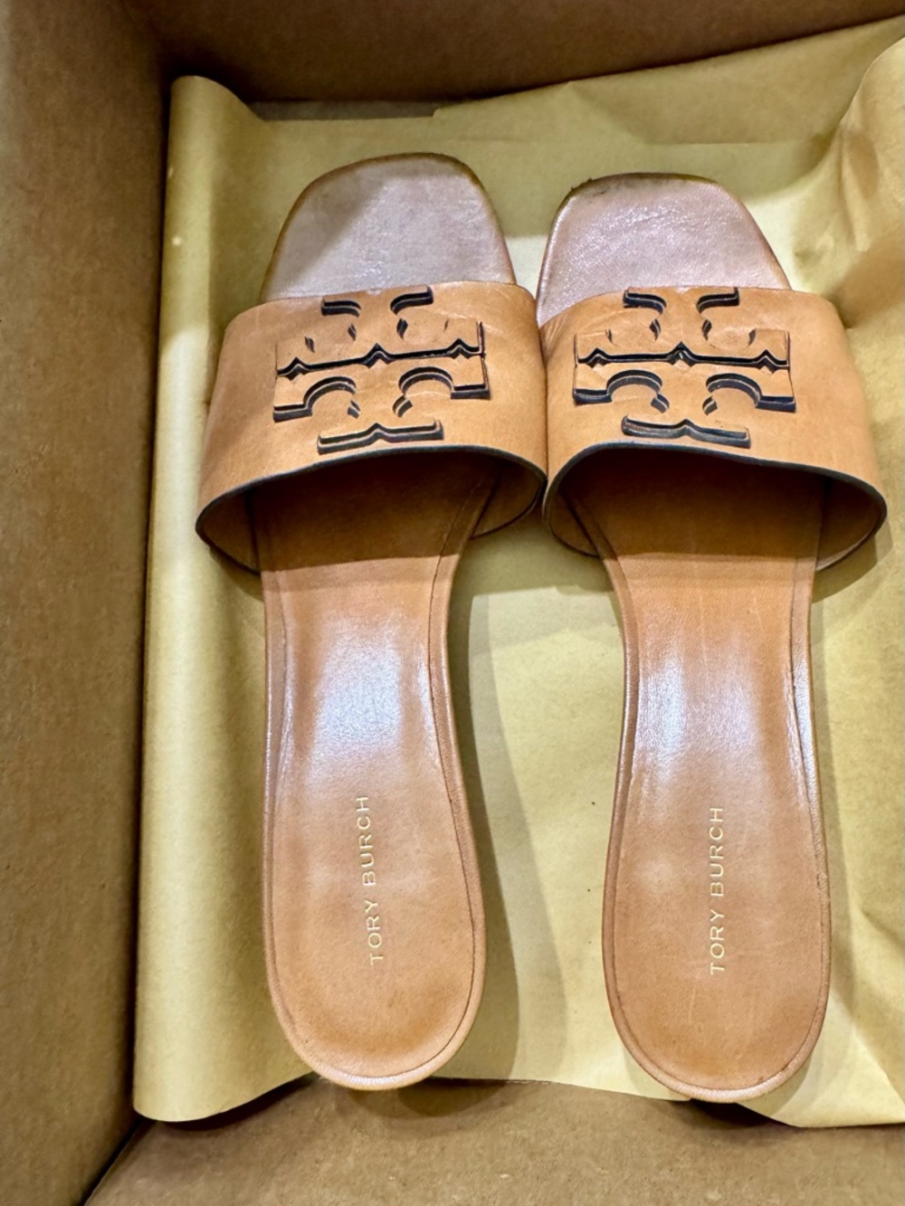 Tory Burch Logo Leather Slide Block Heels Warm Cognac Brown Preowned 10